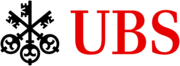 Three black keys together on the left of red letters 'UBS'.