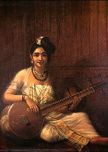 Malayali lady wearing Mundum neriyatum. Painted by Raja Ravi Varma, c. 1900.