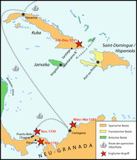 點線為西班牙珍寶船隊的航行路線；橙色地域屬於西班牙、黃色屬於法國、綠色屬於英國；紅星為英軍進擊的地點。