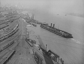 Classification yard and two docking train ferries in Detroit, April 1943. A third ferry slip can be seen at the bottom of the photograph.
