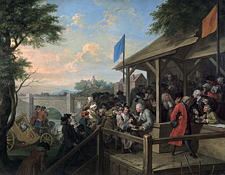 A painting by William Hogarth from 1854 shows a polling station with the blue flag of the Tory party and the orange flag of the Whigs.