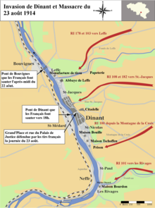 Carte représentant les 4 axes d'invasion de la rive droite dinantaise.