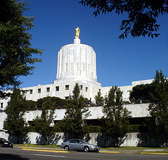 photograph of Oregon State Capital, a white building with a dome top