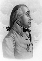 Black and white print shows a clean-shaven man with his hair tied back in a ponytail. He wears a light-colored military uniform with the Order of Maria Teresa pinned to it.