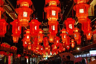In China, red is the color of happiness and celebration. The Lantern Festival in Shanghai.