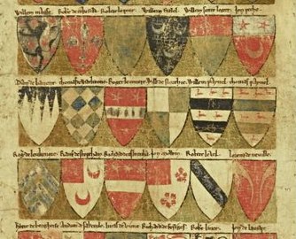 Three examples of coats of arms with crescents from the Dering Roll (c. 1270): No. 118: Willem FitzLel (sable crusily and three crescents argent); no. 120: John Peche (gules, a crescent or, on a chief argent two mullets gules); no. 128: Rauf de Stopeham (argent, two (of three) crescents and a canton gules).