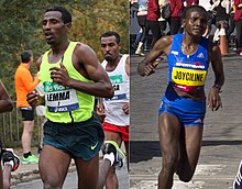 Left:Black man running in dark shorts and fluorescent green top, with another runner in the background. Right: Black woman running in dark blue kit with spectators in the background.