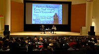 Roberta Smith, New York Times art critic (left), discussing Mattress Performance with Sulkowicz, Brooklyn Museum, December 14, 2014