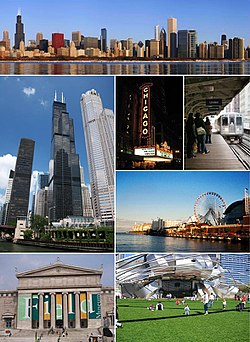 Theo chiều kim đồng hồ từ phía trên: Downtown Chicago, Nhà hát Chicago, Hệ thống tàu điện Chicago 'L', Khu vui chơi Cầu tàu Hải quân, Công viên Thiên niên kỷ, Bảo tàng Field, và Tháp Willis.