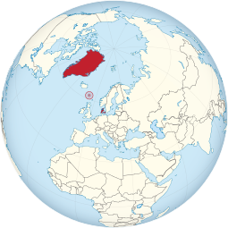 Location o the Kinrick o Denmark (reid), conseestin o the Faroe Islands (circled), Greenland an Denmark