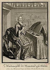 Anonyme (XVIIe siècle), Mlle de Mennetoud, marquise de La Carte, à sa toilette, estampe, château de Versailles.