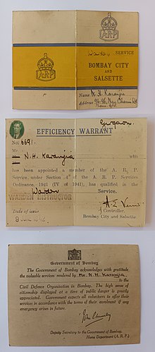 ARP Warden Service Efficiency Warrant issued to NH Karanjia, Bombay, June 1942 with Acknowledgement of Gratitude Card