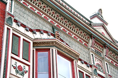 Polychrome architectural detail of an unidentified building in Kendallville, Indiana, USA, unknown architect, 1892