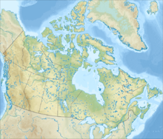 Mapa konturowa Kanady, blisko centrum u góry znajduje się punkt z opisem „Ziemia Baffina”