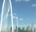 Margaret Hunt Hill Bridge with Dallas skyline in background (May 2014)