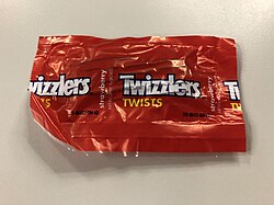 A wrapped package of strawberry Twizzlers twists