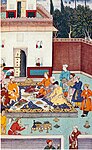 A banquet including roast goose given for Babur by the Mirzas in 1507 (miniature c. 1590)