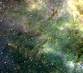 Filamentos de gas ionizado nas proximidades do cúmulo R136, dentro na Nebulosa da Tarántula. Imaxe da ESO.