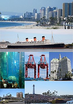 Images from top, left to right: Long Beach skyline from Bluff Park, RMS Queen Mary, Aquarium of the Pacific Blue Cavern exhibit, Hanjin Terminal at Port of Long Beach, Villa Riviera, Metro Blue Line, Long Beach Lighthouse