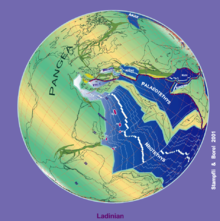 2. A media que Cimeria migrou desde Gondwana a Eurasia o pechouse Paleo-Tetis e abriuse o Neo-Tetis.[2]