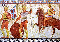 Guerriers lucaniens (descendants des Samnites d'après les auteurs antiques), d'après une frise décorant un tombeau à Pæstum en Lucanie, IVe siècle av. J.-C.