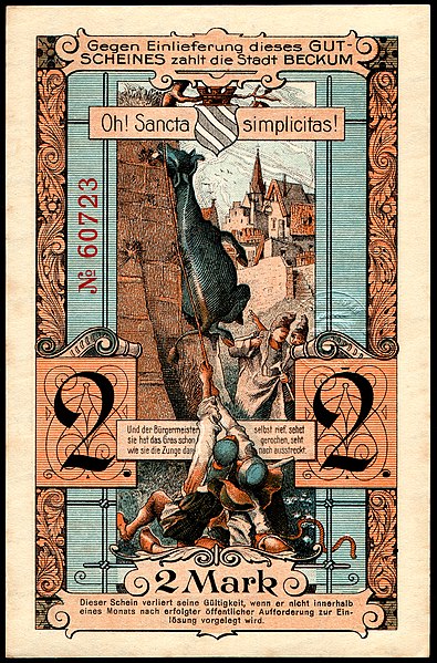 圖為1918年德國鈔票上的諷刺畫。題材取自“貝庫姆公告”，即貝庫姆當地流傳的一系列民間滑稽故事，畫中描繪的把牛拉到牆頂讓牠去吃牆頂的草。