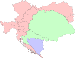 오스트리아-헝가리 제국 지도. 분홍색은 오스트리아령인 시스라이타니아, 초록색은 헝가리령인 트란스라이타니아(센트이슈트반 왕관령), 파란색은 보스니아 헤르체고비나 공동통치령이다.