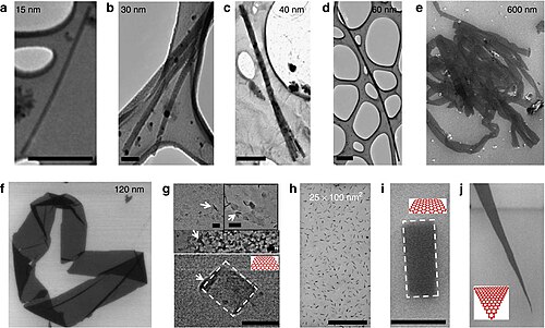 TEM micrographs of GNRs of (a) w=15, (b) w=30, (c) w=40 (exfoliating), and (d) w=60 nm deposited on 400 mesh lacey carbon grids and (e) FESEM micrograph of 600 nm ribbon. (f) Electron microscope images of a 120-nm graphene ribbons (FESEM), (g) 50 nm square GQDs (FESEM), (h,i) 25×100 nm2 rectangular GQDs (FESEM), and (j) 8°-angled tapered GNR (or triangular GQD) (FESEM)). The large densities of square and rectangular GQDs (g) showed extensive folding (white arrows). Bar sizes=(a) 250 nm, (b,g,i) 50 nm, (c,d) 500 nm, and (h) 1 μm.[5]