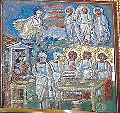 Mozaïek aan de linkerzijde: Abraham en Sarah met drie mannen.