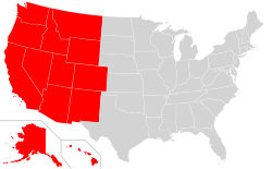 As definições regionais variam de fonte para fonte. Este mapa reflete o oeste dos Estados Unidos conforme definido pelo Census Bureau.