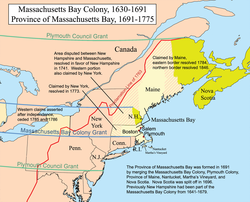 Massachusetts Körfezi Kolonisi'nin sınırlarını gösteren harita
