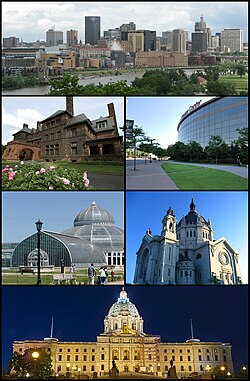 Clockwise from the top: Downtown Saint Paul as seen from Harriet Island, the Xcel Energy Center, the Saint Paul Cathedral, the Minnesota State Capitol, the Marjorie McNeely Conservatory, and the historic James J. Hill House