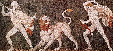 A mosaic depicting a crouching, snarling lion attacked on both sides by two armed but naked men.