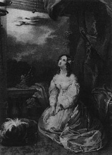 A black-and-white engraving showing a young woman kneeling down and looking up with her hands clasped. She is wearing a white dress and has dark ringlet curls. She appears to be on a balcony, with clouds in the background.