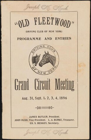 Cover from printed program for "Old Fleetwood" Grand Circuit Meeting (Aug 31, Sept 1, 2, 3, 4, 1896)