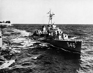 USS Brown (DD-546) being refueled by USS Hornet (CVA-12), in 1958