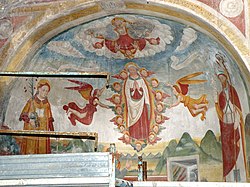 Фреска от лявата странична апсида на „Свети Петър“ в Джемоние със сцена на Успение и Свети Лаврентий, патрон на църквата в Кувио и Свети Авундий, патрон на Комската епископия