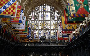 A photograph of the Henry VII Lady Chapel of Westminster Abbey, showing the heraldic west window.