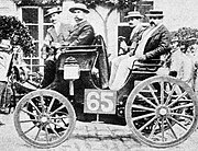 Paris-Rouen 1894. Albert Lemaître (pictured on left) was classified first in his Peugeot 3 hp. Bicycle manufacturer Adolphe Clément-Bayard was the front passenger.