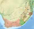 Image 27The rise of the Zulu Empire   under Shaka forced other chiefdoms and clans to flee across a wide area of southern Africa. Clans fleeing the Zulu war zone   included the Soshangane, Zwangendaba, Ndebele, Hlubi, Ngwane, and the Mfengu. Some clans were caught between the Zulu Empire and advancing Voortrekkers and British Empire   such as the Xhosa  . (from History of South Africa)