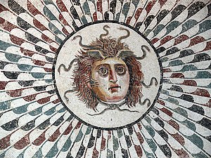 The Medusa's head central to a mosaic floor in a tepidarium of the Roman era. Museum of Sousse, Tunisia