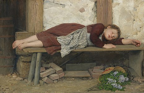 Schlafendes Mädchen auf einer Holzbank deur Albert Anker
