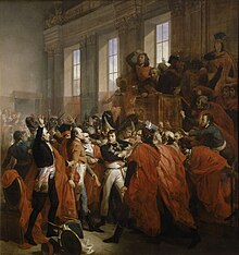 Uprostřed haly plné lidí stojí Napoleon v generálské uniformě obklopen členy Rady pěti set v rudých pláštích