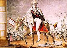 Metternich est représenté en costume d'apparat terrorisé prenant la fuite sur un petit âne.