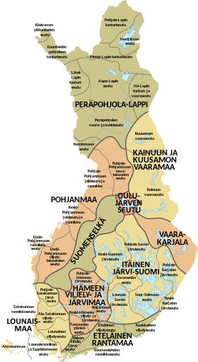 Carte des régions géophysiques de Finlande avec le Suomenselkä dans le centre du pays.