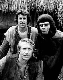 The cast of the Planet of the Apes television series: James Naughton, Ron Harper and Roddy McDowall