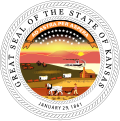 Image 6The Great Seal of the State of Kansas was established by the legislature on May 25, 1861. The design was submitted by Senator John James Ingalls. He also proposed the state motto, "Ad astra per aspera", which means "to the stars through difficulty". (from History of Kansas)