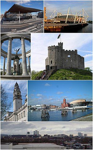 (맨 위 왼쪽부터 시계방향으로) 웨일스 의회 의사당, 밀레니엄 스타디움, 카디프 성, 카디프 만, 카디프 시내, 시청, 웨일스 전쟁 기념탑