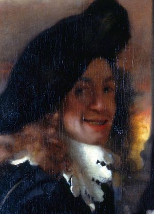 Детайл от картината „Сводницата“ на Вермеер (ок. 1656 г.), смятан за автопортрет на 24-годишния художник[1]