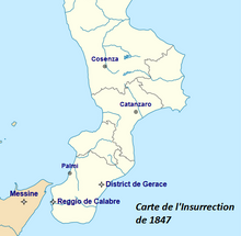 Carte représentant la pointe sud de l'Italie avec l'ouest de la Sicile sur laquelle sont placées les villes de Cosenza, Catanzaro, Palmi, Reggio de Calabre, Messine ainsi que le district de Gerace